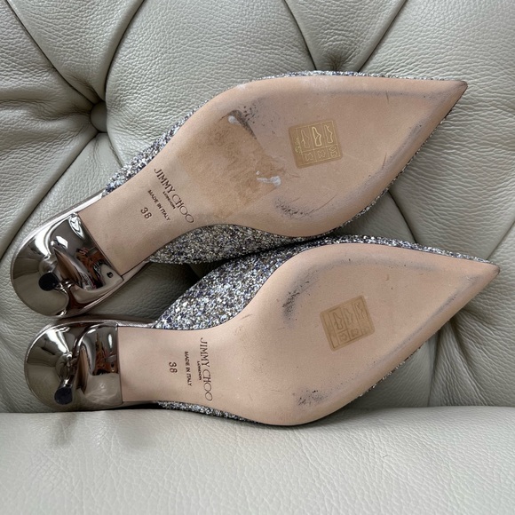 New in Box Jimmy Choo Silver Glitter Leather Sandals Heels Platinum 38 - Picture 5 of 6
